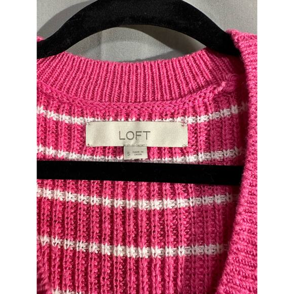 Loft Cardigan Sweater Women Small Pink Striped Oversized V Neck Cozy Casual - Picture 2 of 7